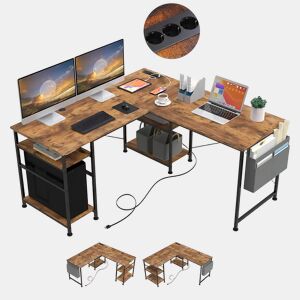 Secretária em L Industrial Madeira Vintage 140x140x74cm com Tomadas USB, Prateleiras, Saco de Armazenamento e Gancho