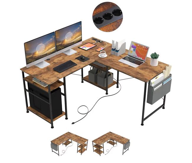 Escritorio en l industrial madera vintage 140x140x74cm con enchufes usb, estantes, bolsa de almacenaje y gancho
