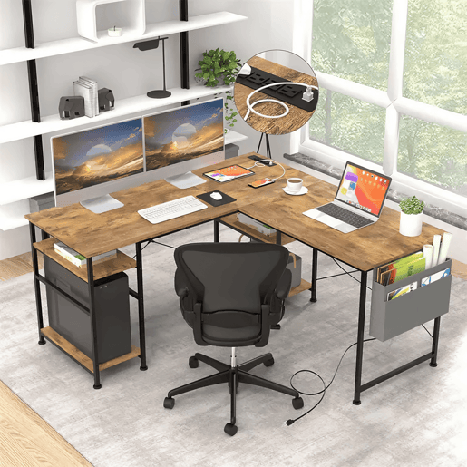Secretária em L Industrial Madeira Vintage 140x140x74cm com Tomadas USB, Prateleiras, Saco de Armazenamento e Gancho