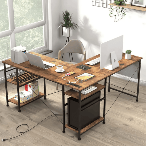 Secretária em L Industrial Madeira Vintage 140x140x74cm com Tomadas USB, Prateleiras, Saco de Armazenamento e Gancho