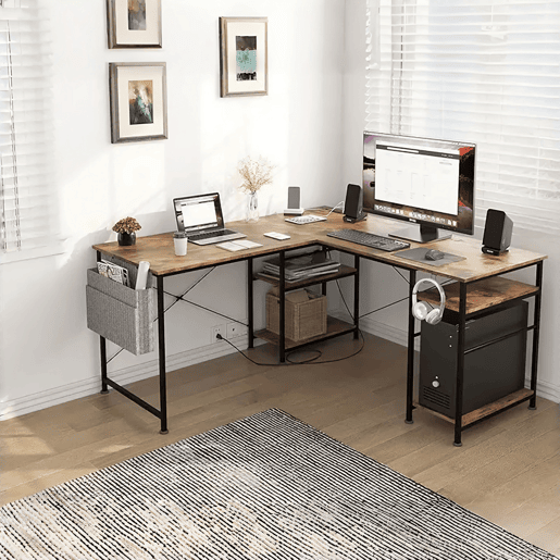 Secretária em L Industrial Madeira Vintage 140x140x74cm com Tomadas USB, Prateleiras, Saco de Armazenamento e Gancho