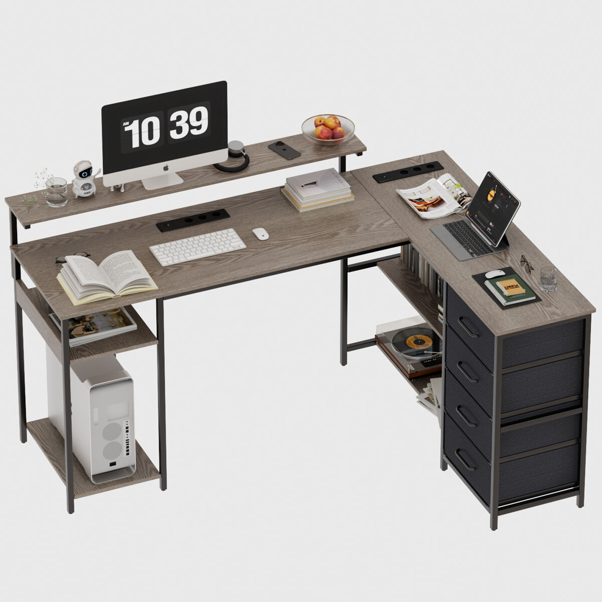 Mesa de Escritorio en L Ergonómica con Enchufes y Cajones