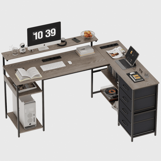 Secretária de Escritório em L com Suporte para Monitor, Tomadas Integradas e 4 Gavetas, Estilo Industrial Madeira e Metal Cinzento Secretária de Escritório em L com Suporte para Monitor, Tomadas Integradas e 4 Gavetas, Estilo Industrial Madeira e Metal Cinzento
