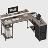 Secretária de Escritório em L com Suporte para Monitor, Tomadas Integradas e 4 Gavetas, Estilo Industrial Madeira e Metal Cinzento