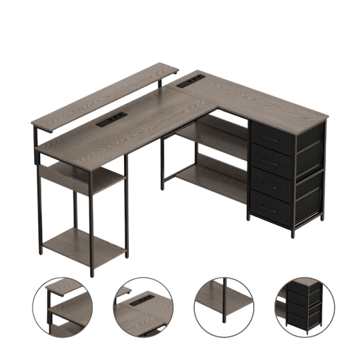 Secretária de Escritório em L com Suporte para Monitor, Tomadas Integradas e 4 Gavetas, Estilo Industrial Madeira e Metal Cinzento Secretária de Escritório em L com Suporte para Monitor, Tomadas Integradas e 4 Gavetas, Estilo Industrial Madeira e Metal Cinzento