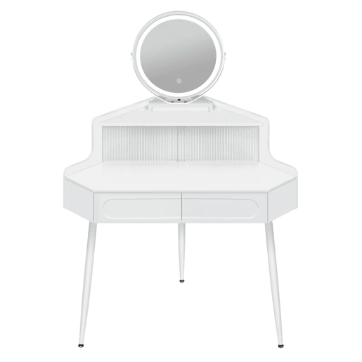 Penteadeira de canto 63 x 99 x 139 cm u2014 com espelho redondo, design compacto u2014 branco Penteadeira de canto 63 x 99 x 139 cm u2014 com espelho redondo, design compacto u2014 branco