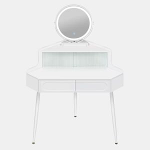 Penteadeira de canto 63 x 99 x 139 cm u2014 com espelho redondo, design compacto u2014 branco