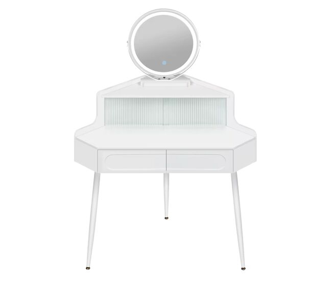 Tocador esquinero 63x99x139 cm - con espejo redondo, diseño compacto - blanco