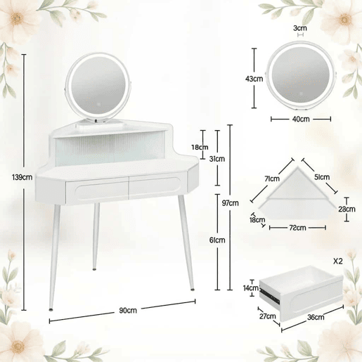 Penteadeira de canto 63 x 99 x 139 cm u2014 com espelho redondo, design compacto u2014 branco Penteadeira de canto 63 x 99 x 139 cm u2014 com espelho redondo, design compacto u2014 branco