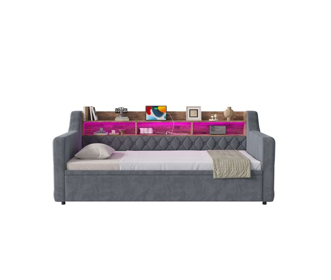 Sofá cama 90x190 cm - cama nido extraíble, terciopelo, almacenamiento, led, usb y type-c, con somier - gris oscuro