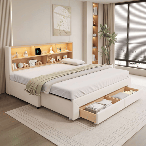 Sofá-cama para jovens 90 x 200 cm u2014 extensível até 180 cm, com 2 gavetas de arrumação, porta USB e luz LED, veludo u2014 bege Sofá-cama para jovens 90 x 200 cm u2014 extensível até 180 cm, com 2 gavetas de arrumação, porta USB e luz LED, veludo u2014 bege