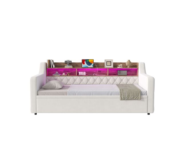 Sofá cama 90x190 cm - cama nido extraíble, terciopelo, almacenamiento, led, usb y type-c - beige