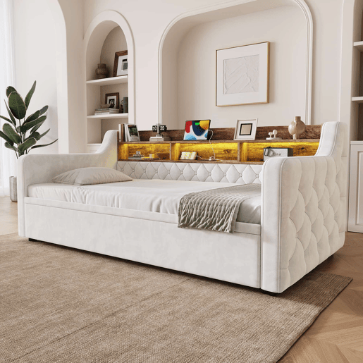 Sofá-cama 90 x 190 cm - cama extra extraível, veludo, arrumação, LED, USB e Type-C - Bege