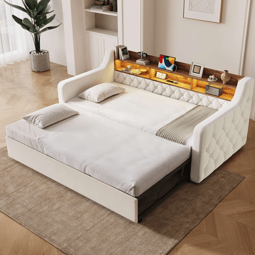 Sofá-cama 90 x 190 cm - cama extra extraível, veludo, arrumação, LED, USB e Type-C - Bege