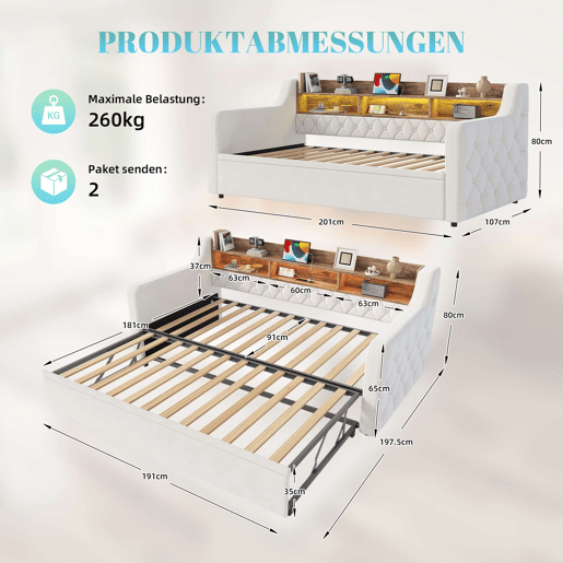 Sofá-cama 90 x 190 cm - cama extra extraível, veludo, arrumação, LED, USB e Type-C - Bege