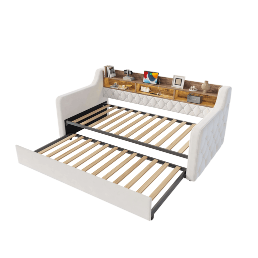 Sofá-cama 90 x 190 cm - cama extra extraível, veludo, arrumação, LED, USB e Type-C - Bege