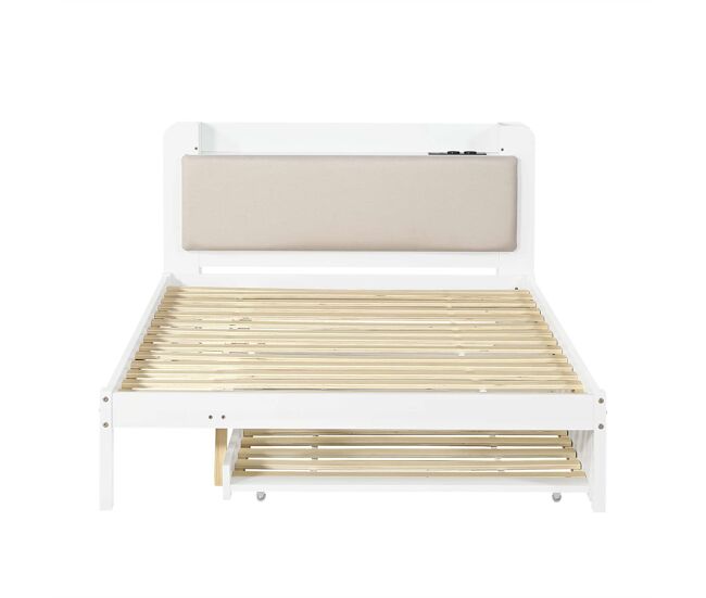 Cama funcional 120x200 cm con cama extraíble 90x190 cm - cabecero acolchado, estante, estación de carga y almacenaje abierto - blanco