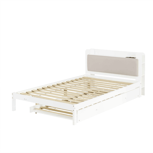 Cama funcional 120 x 200 cm com cama extraível 90 x 190 cm u2014 cabeceira almofadada, prateleira, base de carregamento e arrumação aberta u2014 Branco