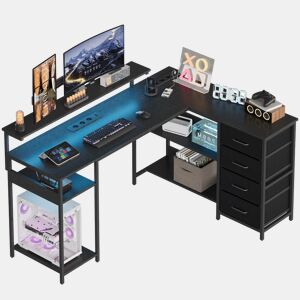 Mesa de Escritório em L em Madeira e Metal Preto com Tomadas Integradas, Suporte para Monitor, 4 Gavetas e Prateleiras de Arrumação