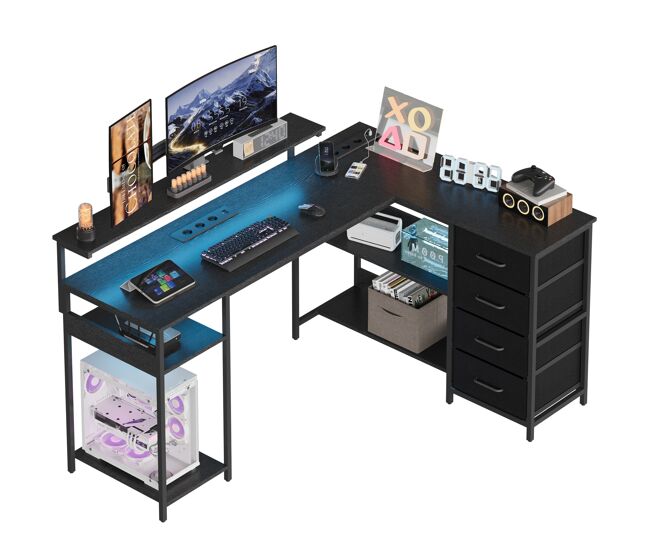 Mesa de escritorio en l de madera y metal negro con enchufes integrados, soporte para monitor, 4 cajones y estantes de almacenaje