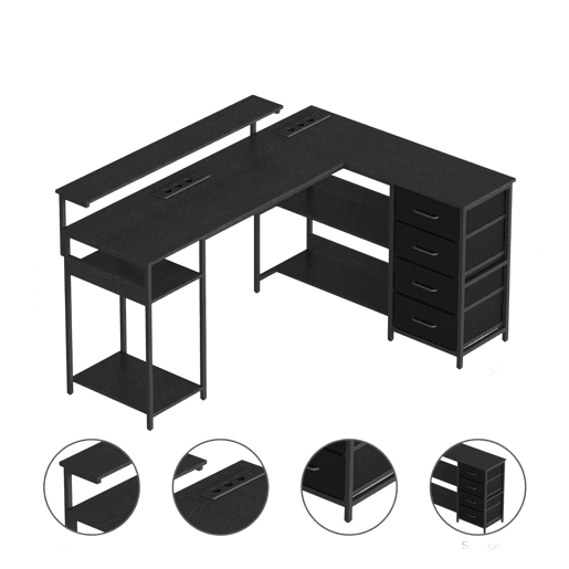 Mesa de Escritório em L em Madeira e Metal Preto com Tomadas Integradas, Suporte para Monitor, 4 Gavetas e Prateleiras de Arrumação Mesa de Escritório em L em Madeira e Metal Preto com Tomadas Integradas, Suporte para Monitor, 4 Gavetas e Prateleiras de Arrumação