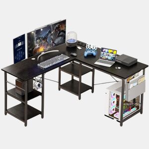 Mesa de Escritório em L Estilo Industrial com 3 Tomadas AC 2 USB Prateleiras Reversíveis Sacos de Armazenamento para Casa e Escritório