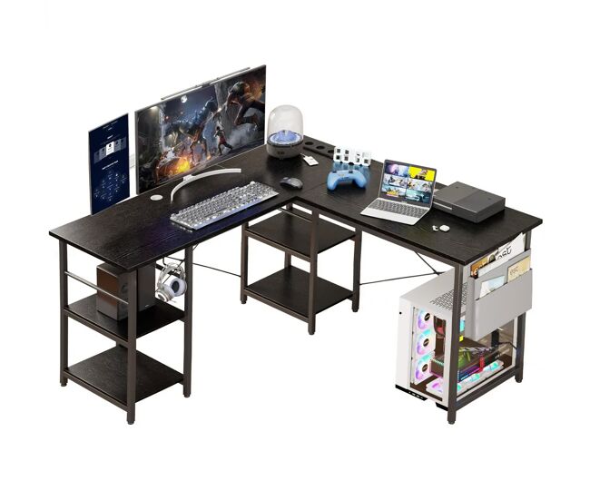 Mesa de escritorio en l estilo industrial con 3 enchufes ac 2 usb estantes reversibles bolsa de almacenamiento para casa y oficina
