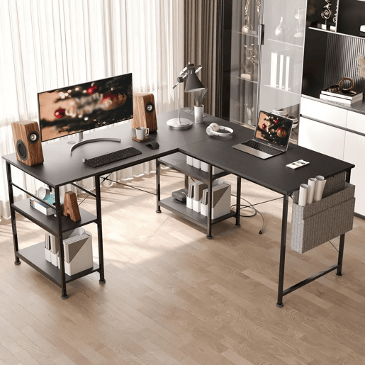 Mesa de Escritório em L Estilo Industrial com 3 Tomadas AC 2 USB Prateleiras Reversíveis Sacos de Armazenamento para Casa e Escritório Mesa de Escritório em L Estilo Industrial com 3 Tomadas AC 2 USB Prateleiras Reversíveis Sacos de Armazenamento para Casa e Escritório