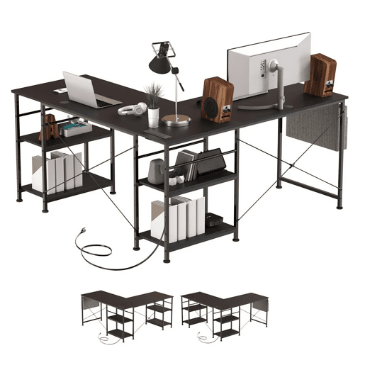 Mesa de Escritório em L Estilo Industrial com 3 Tomadas AC 2 USB Prateleiras Reversíveis Sacos de Armazenamento para Casa e Escritório Mesa de Escritório em L Estilo Industrial com 3 Tomadas AC 2 USB Prateleiras Reversíveis Sacos de Armazenamento para Casa e Escritório