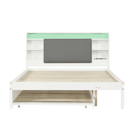 Cama funcional 120 x 200 cm com cama extraível 90 x 190 cm u2014 cabeceira estofada com LED, prateleira e estação de carregamento, cama auxiliar reversível u2014 Branco