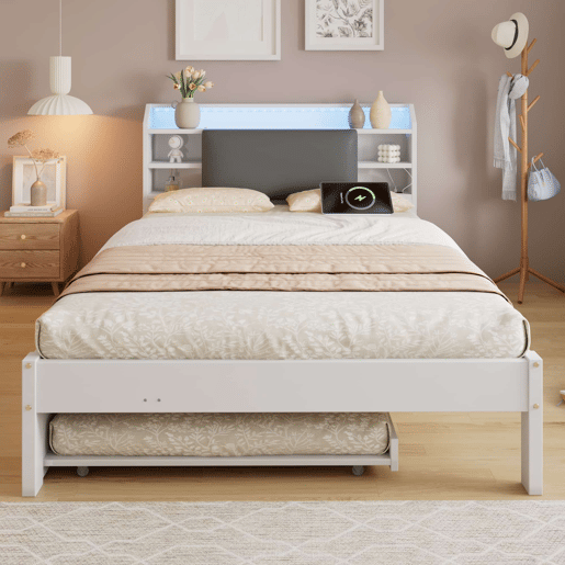 Cama funcional 120 x 200 cm com cama extraível 90 x 190 cm u2014 cabeceira estofada com LED, prateleira e estação de carregamento, cama auxiliar reversível u2014 Branco