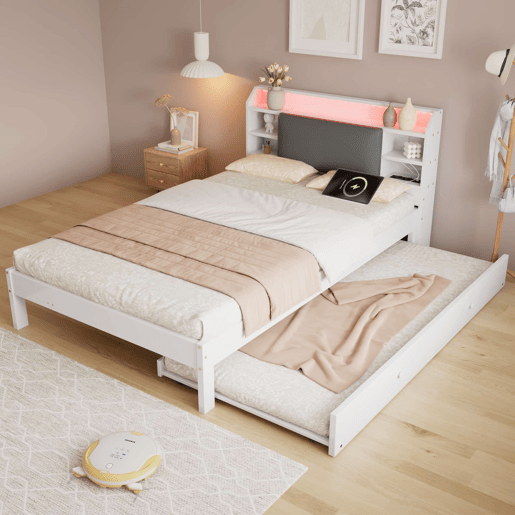 Cama funcional 120 x 200 cm com cama extraível 90 x 190 cm u2014 cabeceira estofada com LED, prateleira e estação de carregamento, cama auxiliar reversível u2014 Branco