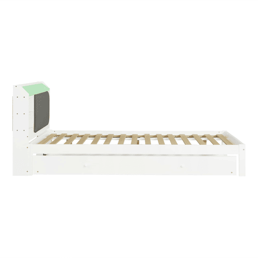 Cama funcional 120 x 200 cm com cama extraível 90 x 190 cm u2014 cabeceira estofada com LED, prateleira e estação de carregamento, cama auxiliar reversível u2014 Branco