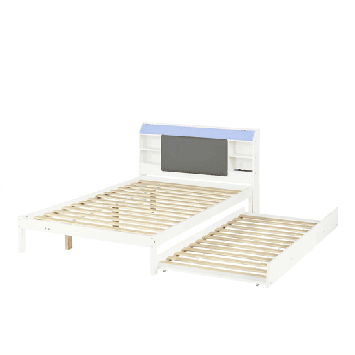 Cama funcional 120 x 200 cm com cama extraível 90 x 190 cm u2014 cabeceira estofada com LED, prateleira e estação de carregamento, cama auxiliar reversível u2014 Branco