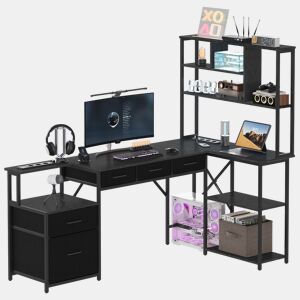 Mesa de Escritório em L com Prateleira e Tomadas Securizadas Secretária Gaming de Canto com Gavetas