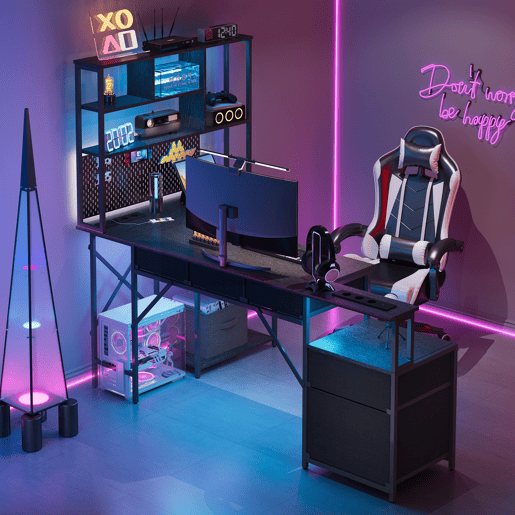 Mesa de Escritório em L com Prateleira e Tomadas Securizadas Secretária Gaming de Canto com Gavetas Mesa de Escritório em L com Prateleira e Tomadas Securizadas Secretária Gaming de Canto com Gavetas