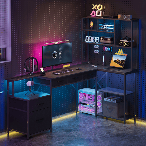 Mesa de Escritório em L com Prateleira e Tomadas Securizadas Secretária Gaming de Canto com Gavetas Mesa de Escritório em L com Prateleira e Tomadas Securizadas Secretária Gaming de Canto com Gavetas