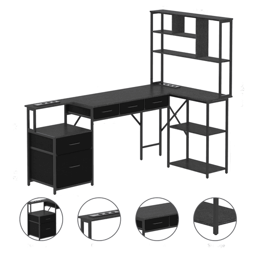 Mesa de Escritório em L com Prateleira e Tomadas Securizadas Secretária Gaming de Canto com Gavetas Mesa de Escritório em L com Prateleira e Tomadas Securizadas Secretária Gaming de Canto com Gavetas
