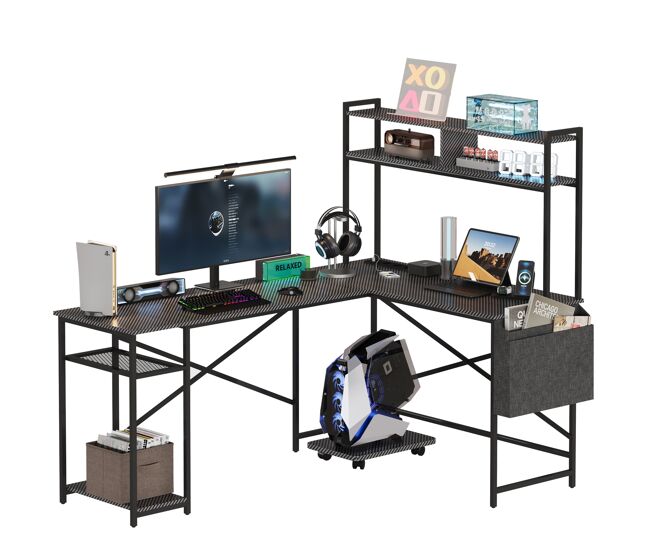 Mesa de escritorio en l de madera y metal con estante doble enchufes integrados soporte monitor móvil y bolsa almacenamiento negro