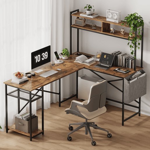 Secretária de Escritório em L Estilo Industrial com Suporte Monitor e Tomadas
