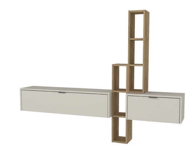 Mueble TV Sandstone Sepet con estantería lateral, conjunto de salón moderno en beige y madera, con módulos de almacenaje y baldas abiertas