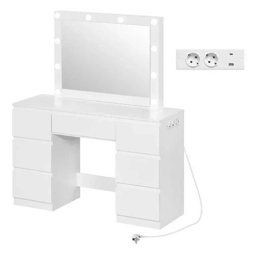 Penteadeira com espelho 110 x 39,5 x 140,5 cm u2014 com tomadas integradas, mesa de maquilhagem e de estudo u2014 Branco Penteadeira com espelho 110 x 39,5 x 140,5 cm u2014 com tomadas integradas, mesa de maquilhagem e de estudo u2014 Branco
