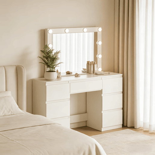 Penteadeira com espelho 110 x 39,5 x 140,5 cm u2014 com tomadas integradas, mesa de maquilhagem e de estudo u2014 Branco Penteadeira com espelho 110 x 39,5 x 140,5 cm u2014 com tomadas integradas, mesa de maquilhagem e de estudo u2014 Branco