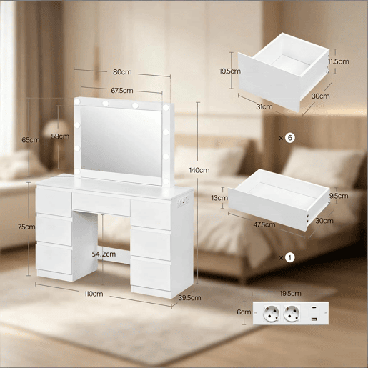 Penteadeira com espelho 110 x 39,5 x 140,5 cm u2014 com tomadas integradas, mesa de maquilhagem e de estudo u2014 Branco Penteadeira com espelho 110 x 39,5 x 140,5 cm u2014 com tomadas integradas, mesa de maquilhagem e de estudo u2014 Branco