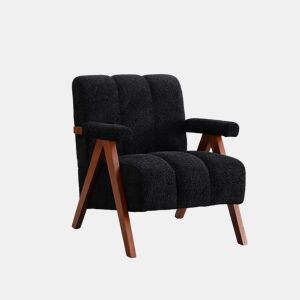 Poltrona auxiliar 77 x 68,5 x 77 cm u2014 estofada em bouclé, com estrutura em madeira e braços modernos u2014 preta
