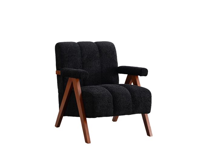 Sillón auxiliar 77x68,5x77 cm - tapizado bouclé con estructura de madera y reposabrazos moderno - negro