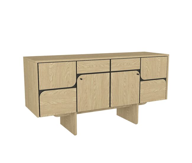 Consola lava de 150 cm con 4 puertas, acabado bicolor roble y antracita, mueble recibidor y salón con almacenaje cerrado