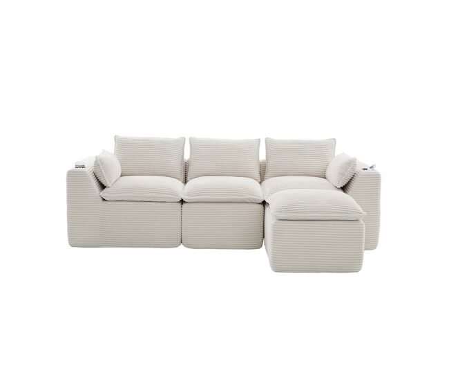 Sofá modular de 3 plazas con reposapiés - cojines, portavasos, 2 bolsillos laterales, espuma y muelles, tejido de pana - beige
