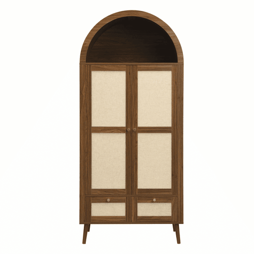 Roupeiro de 180 cm - 2 portas, 2 gavetas, design arqueado, varão e prateleira aberta - Nogueira e bege Roupeiro de 180 cm - 2 portas, 2 gavetas, design arqueado, varão e prateleira aberta - Nogueira e bege