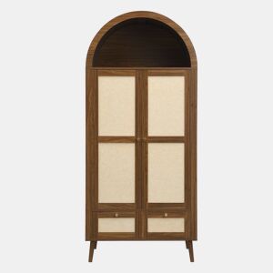 Roupeiro de 180 cm - 2 portas, 2 gavetas, design arqueado, varão e prateleira aberta - Nogueira e bege
